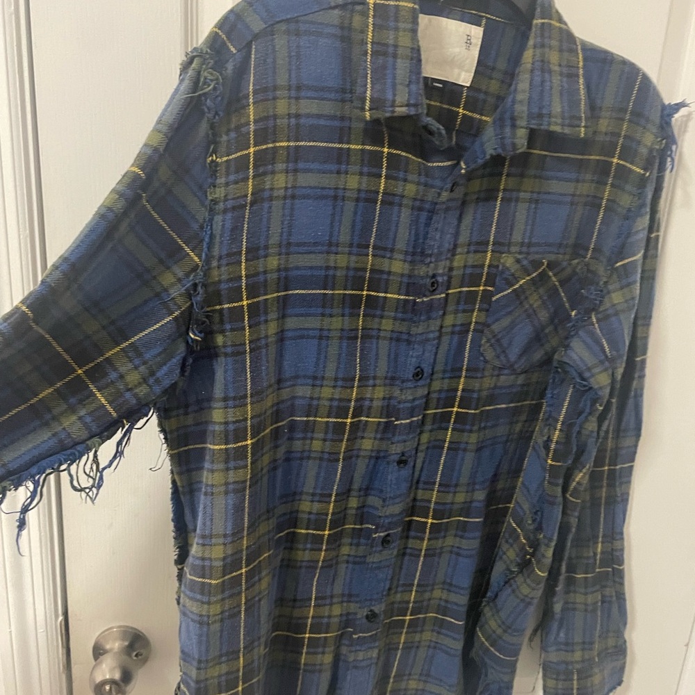 R13 Blue, Yellow and Green Plaid Shredded-Seam Plaid Cotton Shirt Sold out SAKS